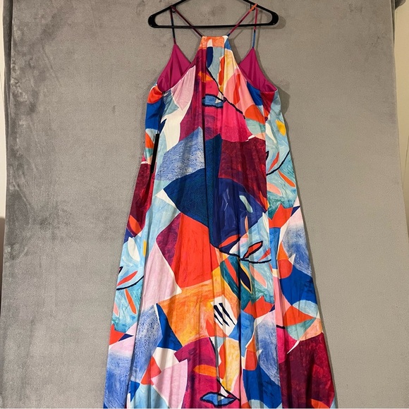 Nicole Miller NEW Long Razorback Dress Maxi Charmeuse Abstract Womens XL Pockets - Picture 9 of 10